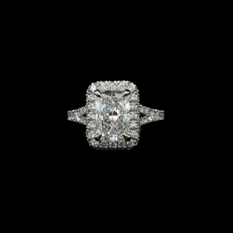 Radiant Pave Halo Split Shank Lab Diamond Engagement Ring front view.