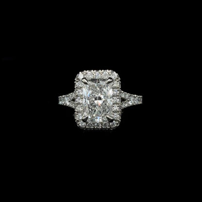 Radiant Pave Halo Split Shank Lab Diamond Engagement Ring front view.