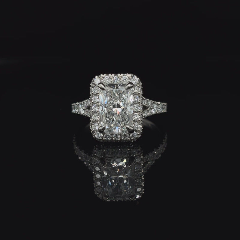 360° view of Radiant Pave Halo Split Shank Lab Diamond Engagement Ring. 